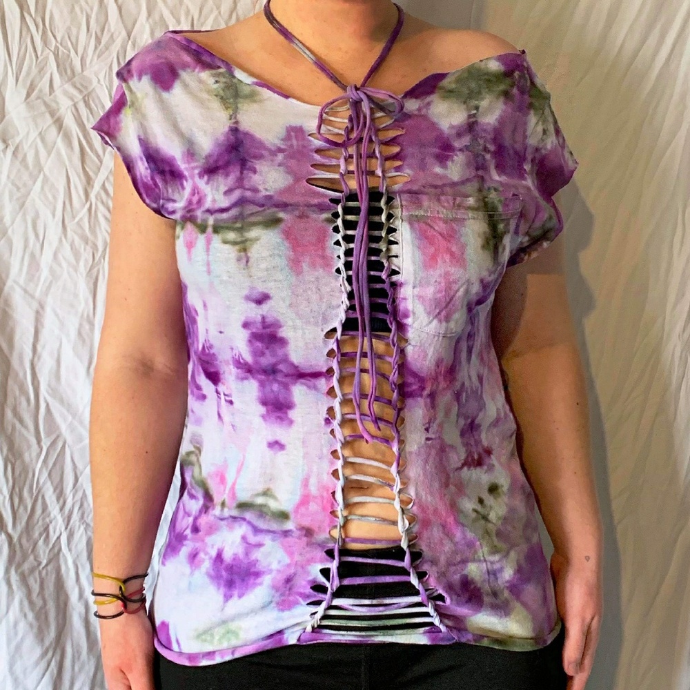 Tie Dyed cut and braided t-shirt Size M